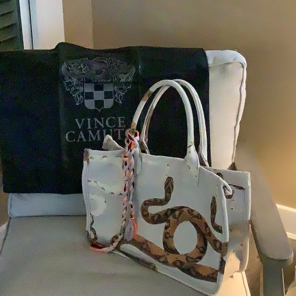 VINCE CAMUTO SNAKE CANVAS TOTE